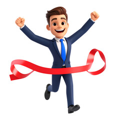Business Champion's Finish Line Triumph: A dynamic 3D rendering of a triumphant businessman breaking through a vibrant red ribbon at the finish line, embodying victory and achievement.