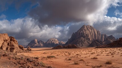Naklejka premium Vast panoramic desert landscape with imposing rock formations under a dramatic, cloudy sky