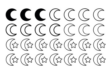 Collection of thirty unique crescent moon icons in various styles
