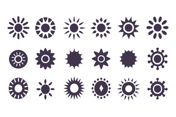 Sun silhouette icon set. Collection of simple vector sun shapes and graphic elements isolated on a white background.