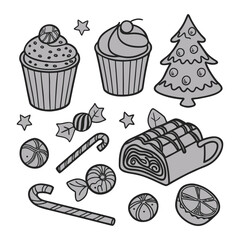 A vibrant vector set of delicious birthday cake, cupcake, and sweet dessert icons with a seamless bakery pattern