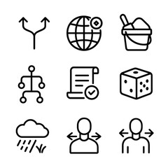 Nonlinear Gaming Icons. Outline icon set of nonlinear gaming: branching storylines, open world, sandbox, multiple endings, skill