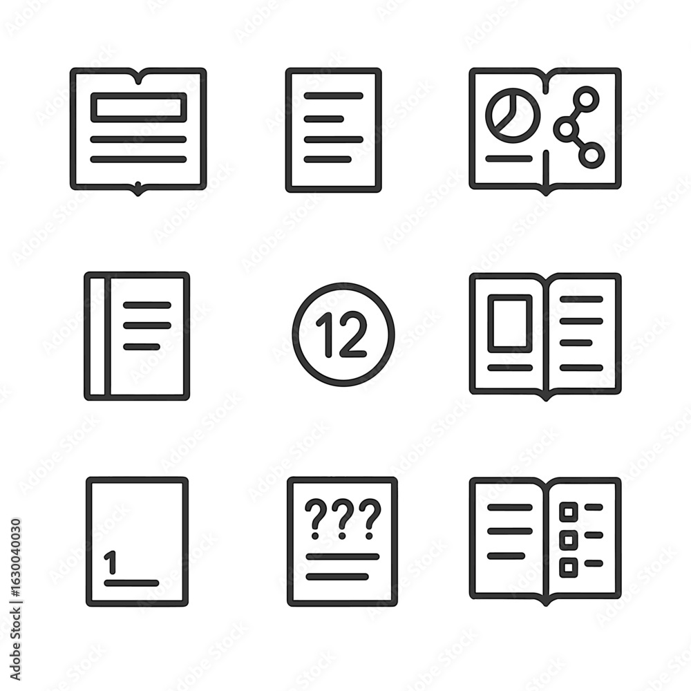 Poster notebook icon set. outline icon set of student notebook content: chapter notes, vocabulary list, dia