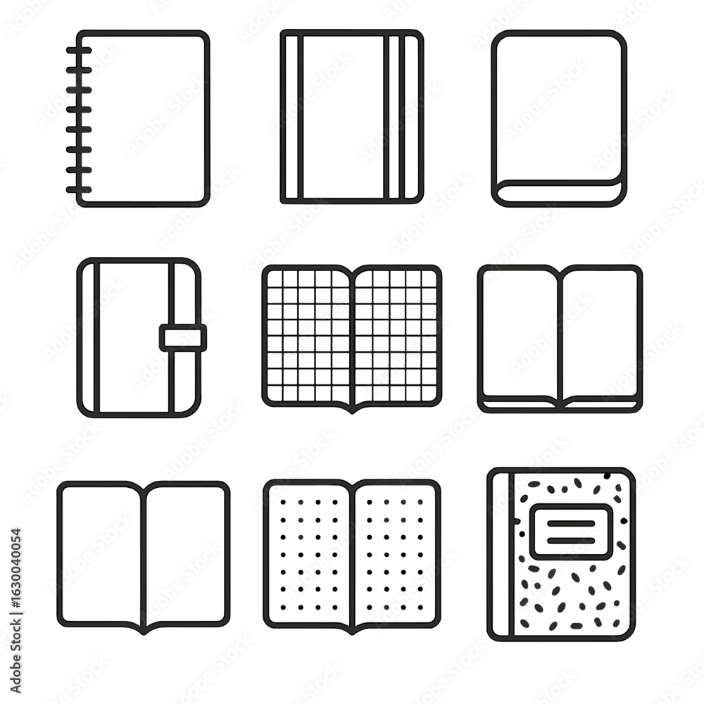 Poster notebook icon set. outline icon set of notebook types: spiral notebook, hardcover notebook, softcove