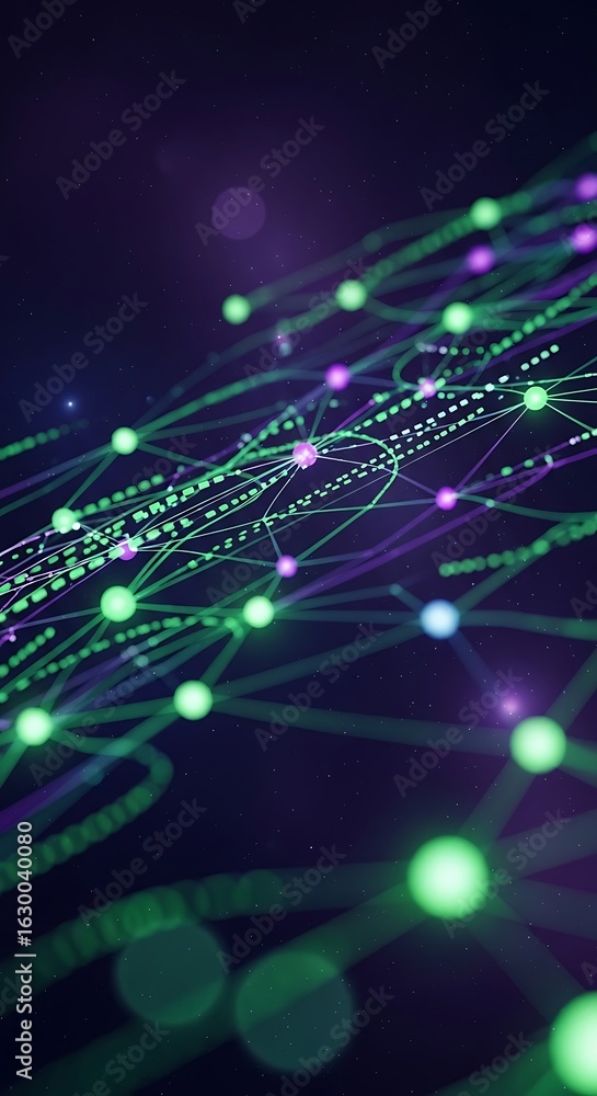 Poster abstract futuristic network structure with glowing orbs connected by lines and particles
