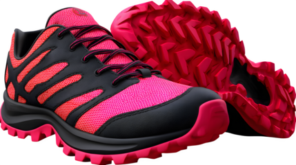 Men? trail running shoes with aggressive tread pattern, isolated on transparent background,