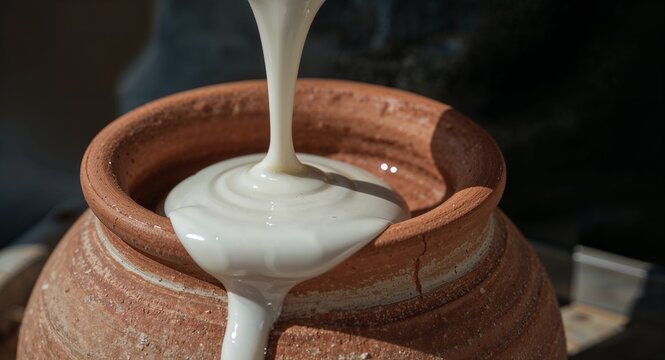Thick white liquid being poured onto a rustic terracotta pot illustrating a ceramic glazing process or artisan craft in detail.