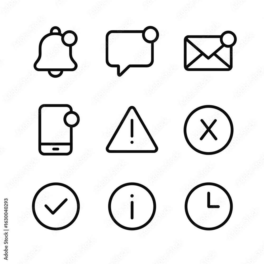 Poster notification icons set. outline icon set of notification types: bell, message alert, email notificat