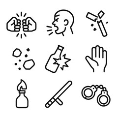 Fototapeta premium Conflict Icon Set. Outline icon set of conflict and confrontation: fist fight, shouting face, broken weapon, falling debris,