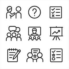 Educational Icon Set. Outline icon set of educational interactions: teacher-student, question mark, quiz, discussion group,