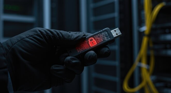 Person holding flash drive with red locked symbol in server room digital image data protection technology security safety indoor setting cybersecurity concept