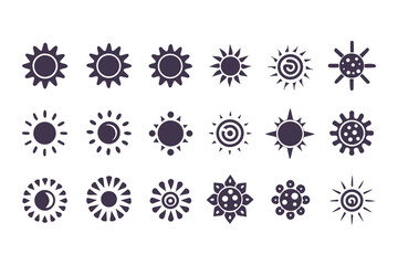 Sun silhouette icon set. Collection of simple vector sun shapes and graphic elements isolated on a white background.