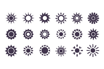 Sun silhouette icon set. Collection of simple vector sun shapes and graphic elements isolated on a white background.