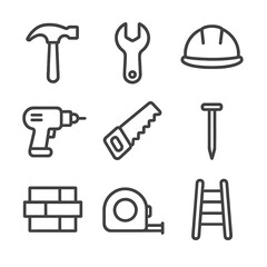 Fototapeta premium Construction Tool Icons. Outline icon set of gray construction and tools: gray hammer, gray wrench, gray helmet, gray drill, gray