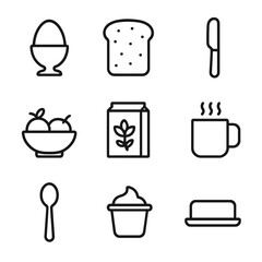 Icons of Fast Breakfast. Outline icon set of making fast breakfast: boiled egg, toast, jam spreader, coffee