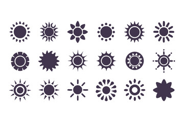 Sun silhouette icon set. Collection of simple vector sun shapes and graphic elements isolated on a white background.
