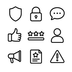 Online Reputation Icons. Outline icon set of online reputation: shield, lock, comment, thumbs up, star rating, user profile,