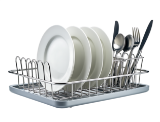 Silver dish rack holding clean white plates and cutlery isolated on a transparent background drying