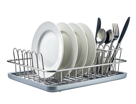 Silver dish rack holding clean white plates and cutlery isolated on a transparent background drying