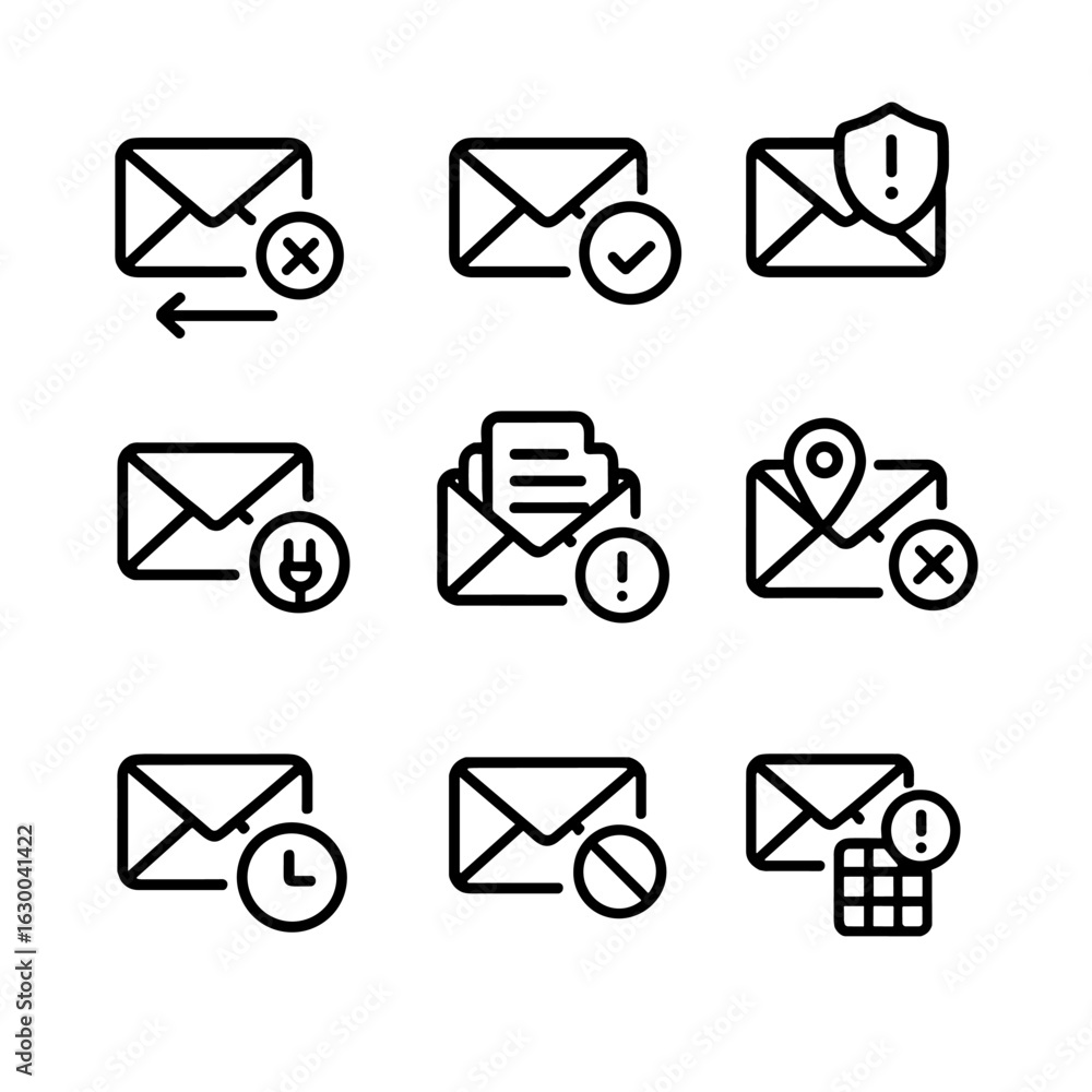 Poster email error icon set. outline icon set of email errors: bounce, failed delivery, spam detected, serv