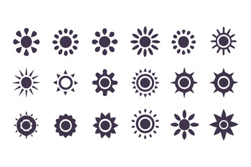 Sun silhouette icon set. Collection of simple vector sun shapes and graphic elements isolated on a white background.