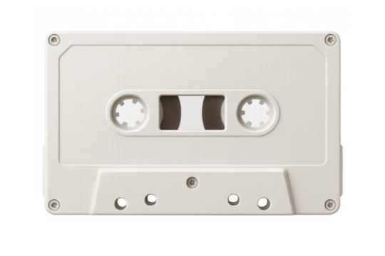 Close-up of white audio cassette tape isolated on transparent background, representing nostalgia, music, and retro technology
