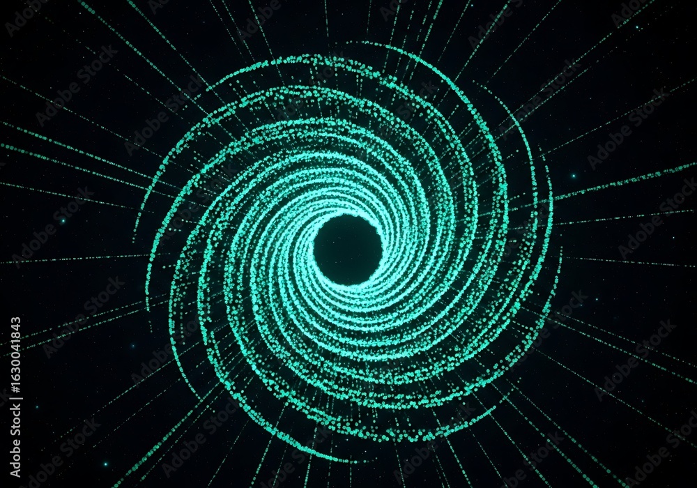 Poster abstract galactic swirl of cyan particles emanating light rays against a dark background