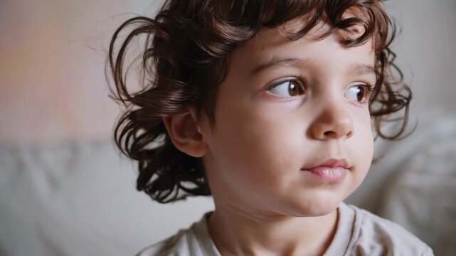 Young child with curly hair sitting thoughtfully, revealing range of inquisitive emotions while exploring surroundings with innocent curiosity and quiet contemplation