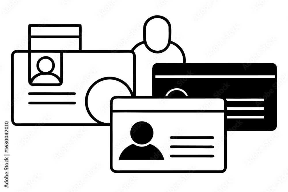 Poster three distinct black and white icons representing abstract concepts