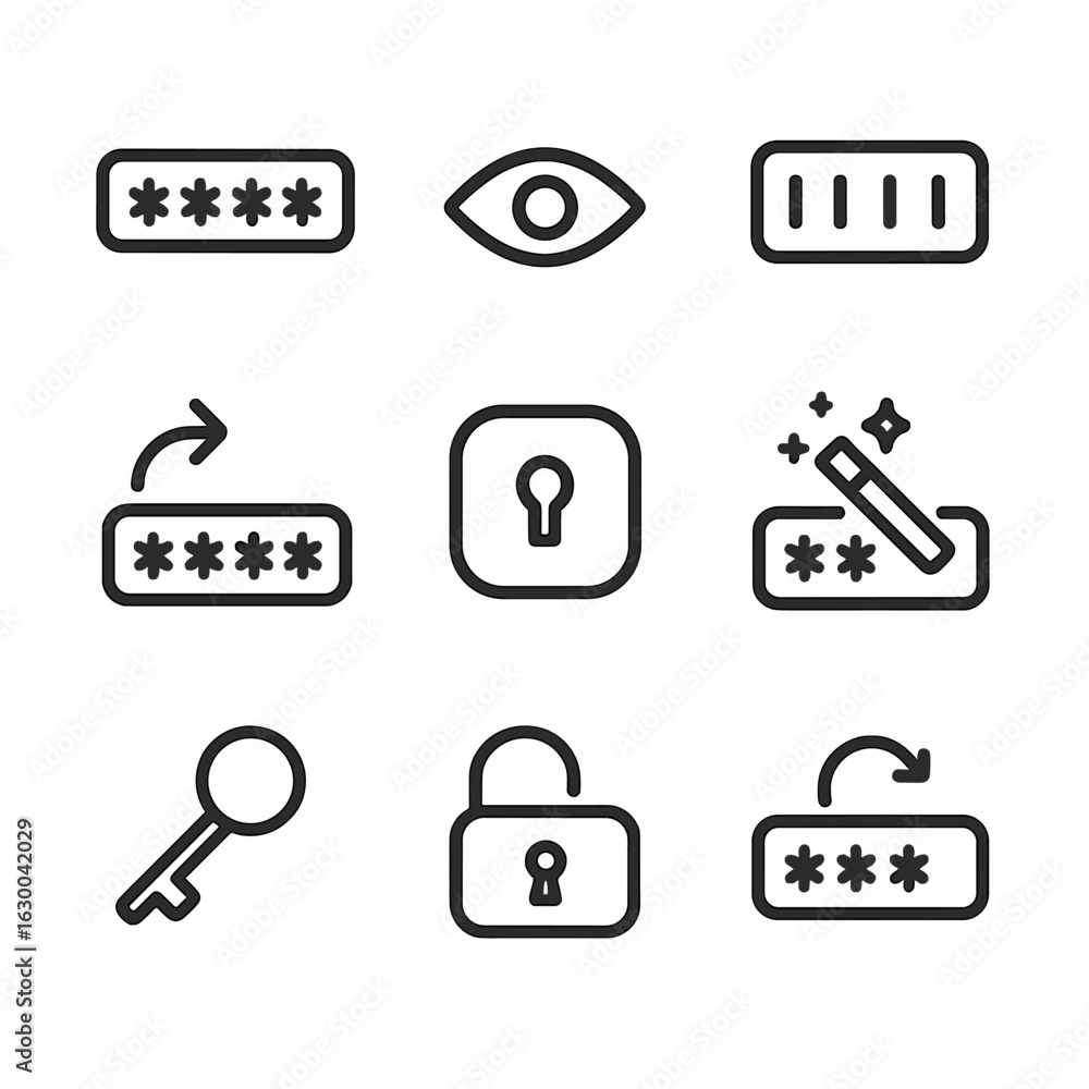 Poster password icon set. outline icon set of password management: password input, password visibility togg