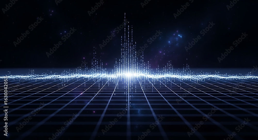 Poster abstract digital sound waveform on a futuristic grid with stars in background