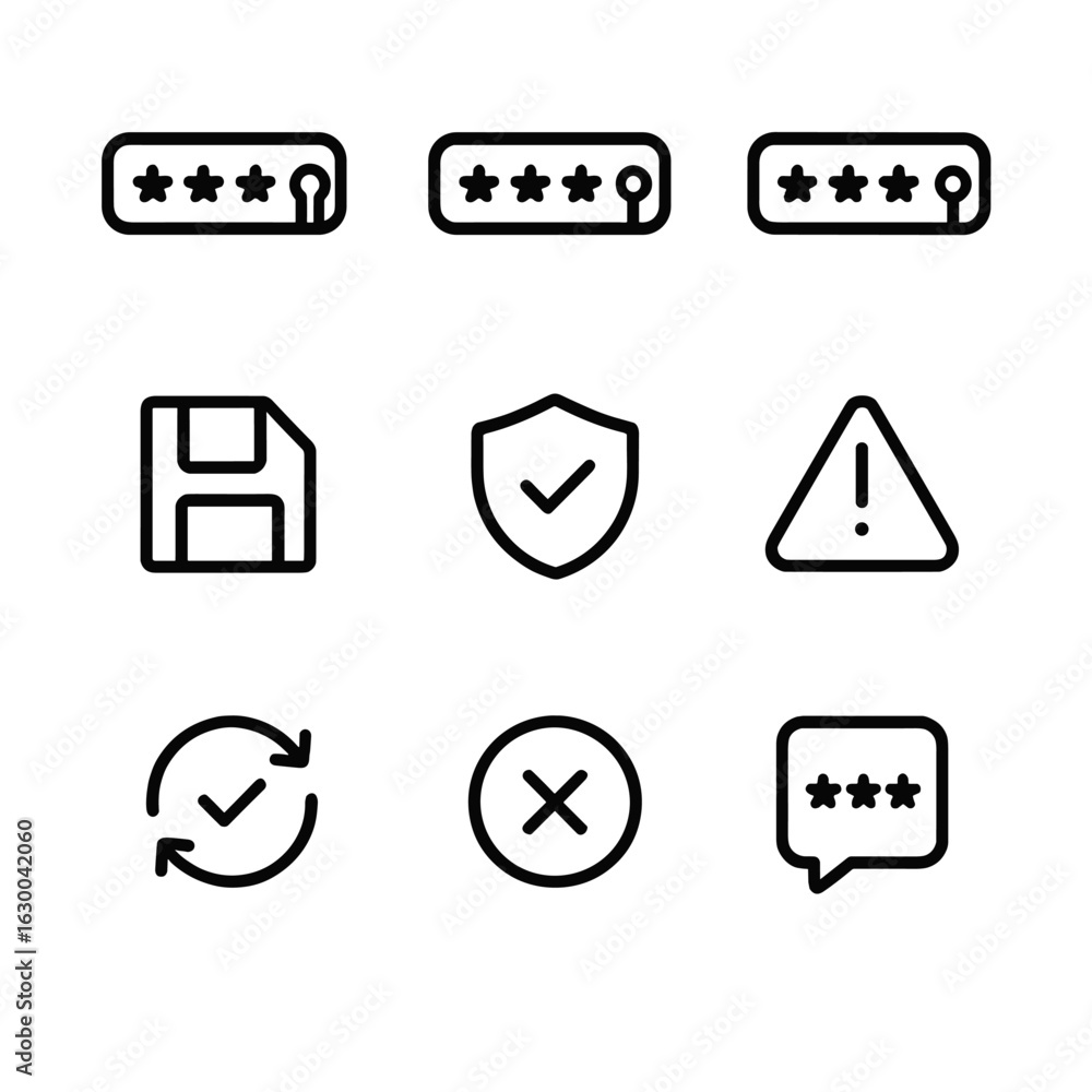 Poster password change icons. outline icon set of password change process: old password, new password, conf