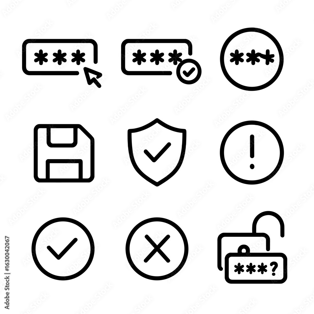 Poster password change icons. outline icon set of password change process: old password, new password, conf