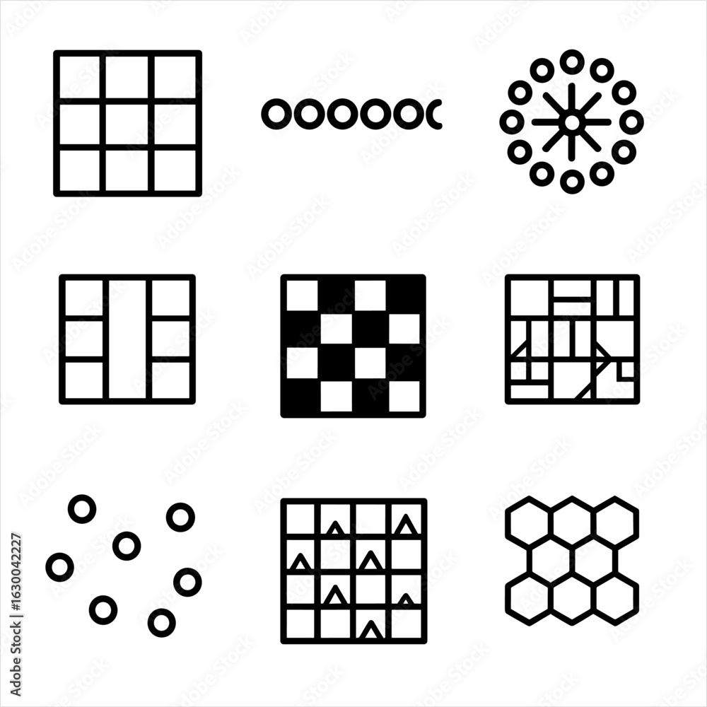 Poster pattern icon grid. outline icon set of pattern repeats and layouts: seamless repeat, border pattern,