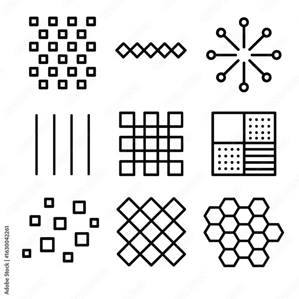 Poster pattern icon grid. outline icon set of pattern repeats and layouts: seamless repeat, border pattern,