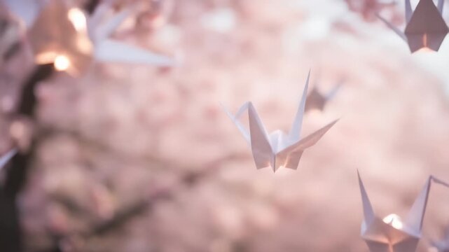 White paper origami crane bird flying peacefully on blurry background with pink flowers. August 6th. Peace Memorial Day. Hope, peace, and good luck for meditation footage.	
