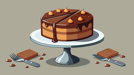 A chocolate cake with a slice missing on a cake stand with a fork and knife and chocolate squares