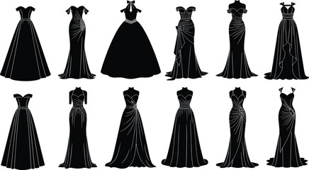 Elegant black evening gown collection, formal fashion dress silhouettes, luxury women’s clothing vector, stylish long dresses, isolated illustration set

