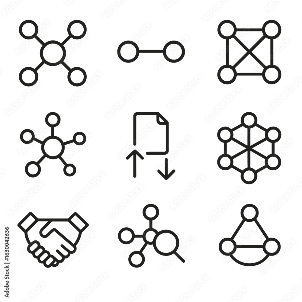 Poster peer-to-peer icon set. outline icon set of peer-to-peer connectivity: node link, direct link icon, m