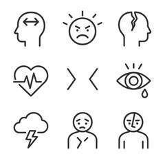 Emotional Conflict Icons. Outline icon set of emotional and psychological clashes: inner conflict, stress face, broken mind,
