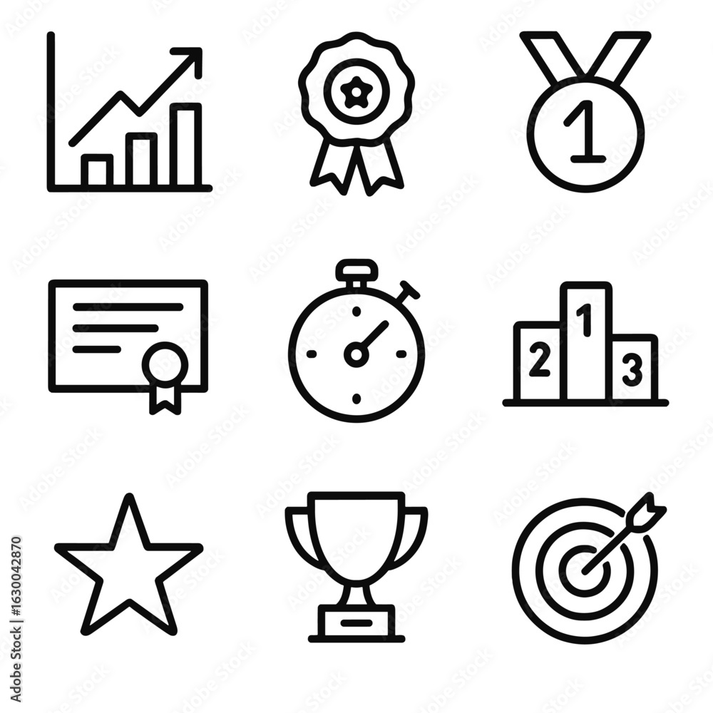 Poster performance and character icons. outline icon set of performance records: chart with upward trend, a