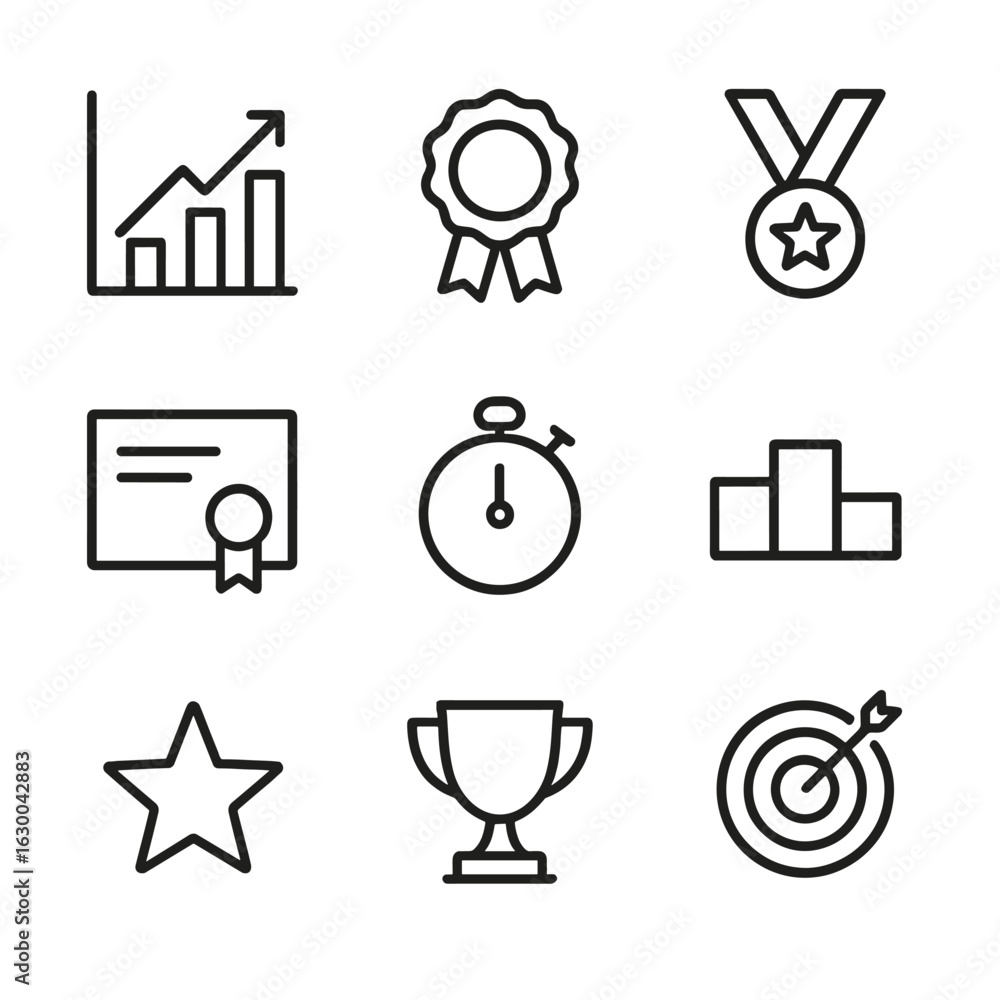 Poster performance icons grid. outline icon set of performance records: chart with upward trend, award ribb