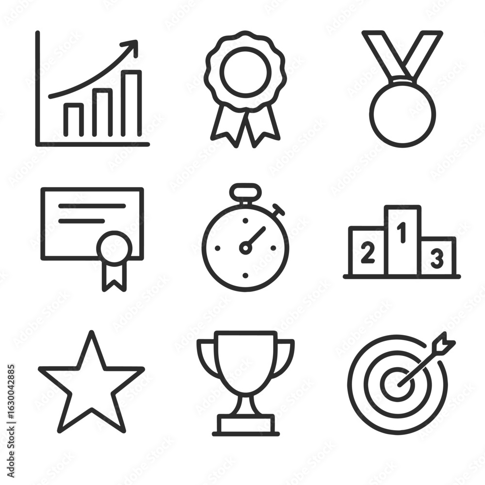 Poster performance icons grid. outline icon set of performance records: chart with upward trend, award ribb