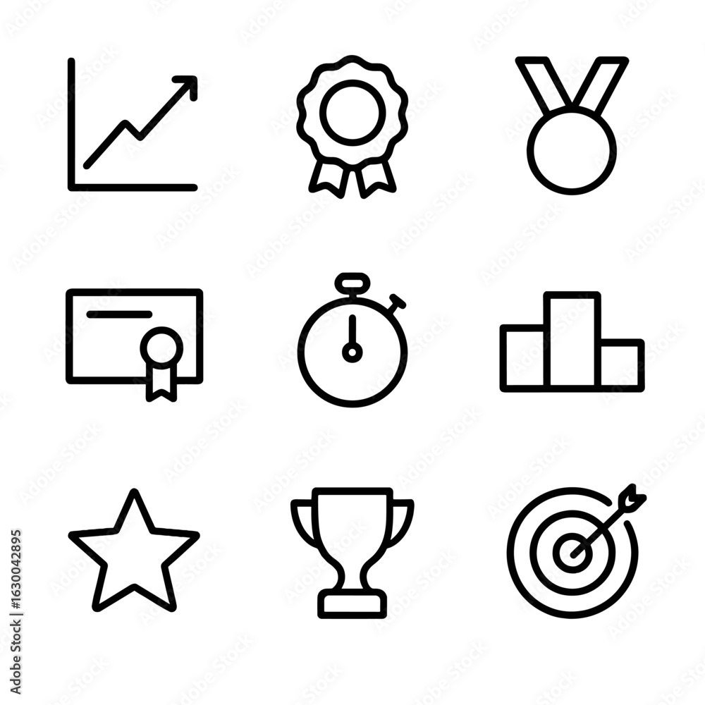 Poster performance and character icons. outline icon set of performance records: chart with upward trend, a