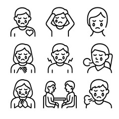 Fototapeta premium Icons of Emotional Healing. Outline icon set of cry in health: emotional healing, cry as release, physical tears, health crying,