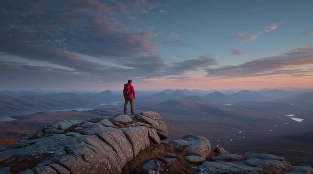 A climber, a mountaineer, stands back on the world's peaks as night falls. You can achieve anything you set your mind to. Where there's a will, there's a way.