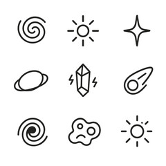 Cosmic Energy Icons. Outline icon set of cosmic energy: galaxy swirl, energy pulse, starlight beam, orbit ring, charged crystal,
