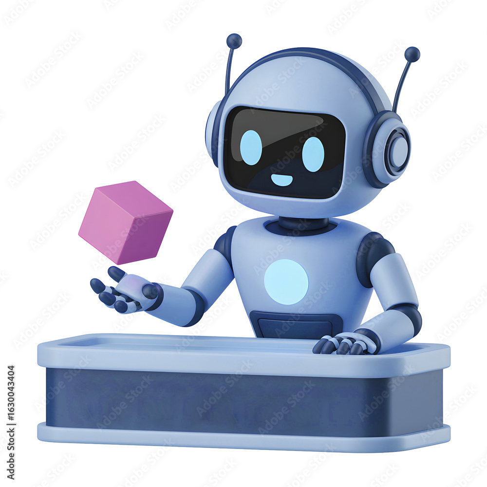 Poster cute robot interacting with a pink cube, symbolizing innovation and artificial intelligence in techn
