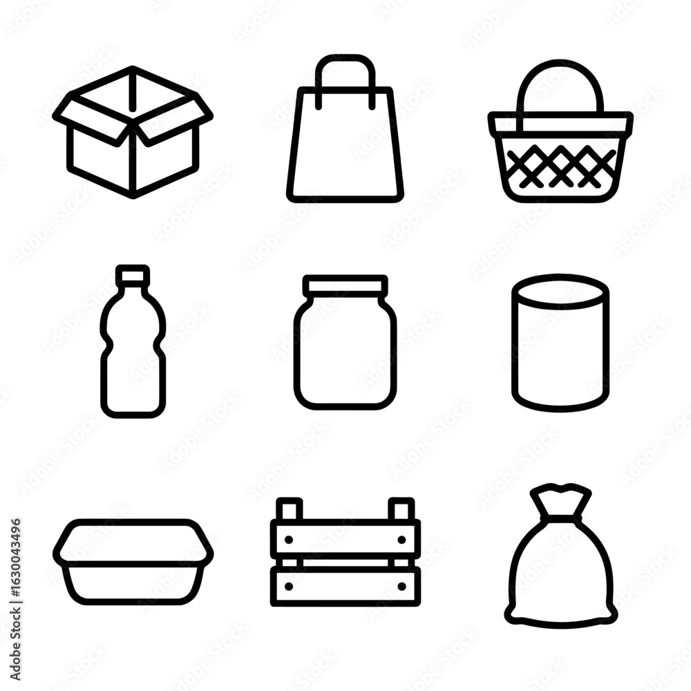 Aufkleber empty container icons. outline icon set of empty containers: empty box, empty bag, empty basket, emp