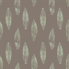 Vintage pattern with leaves mint Mentha Piperita imprint stamp. Silhouette green on brown background.
